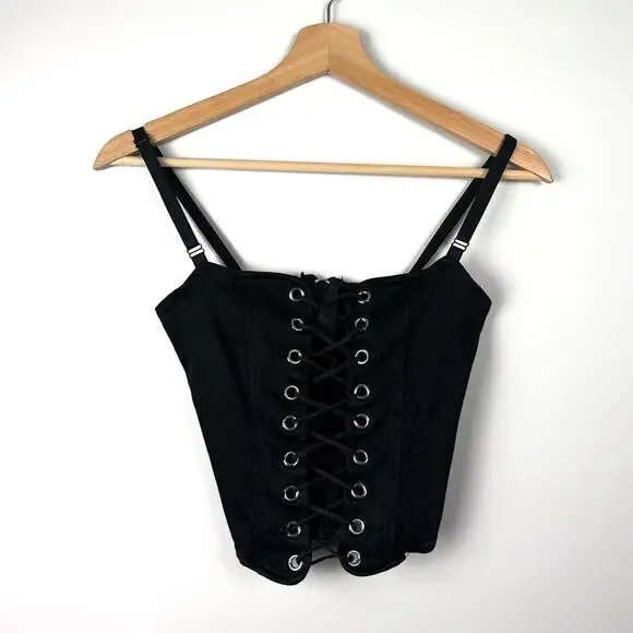 Y2K Lip Service Lace Up Front Corset Black Camisole Top XS Cami Vintage Goth - Picture 1 of 16